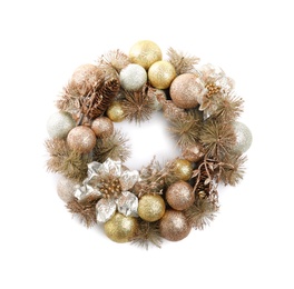 Photo of Beautiful festive wreath of golden Christmas balls isolated on white, top view