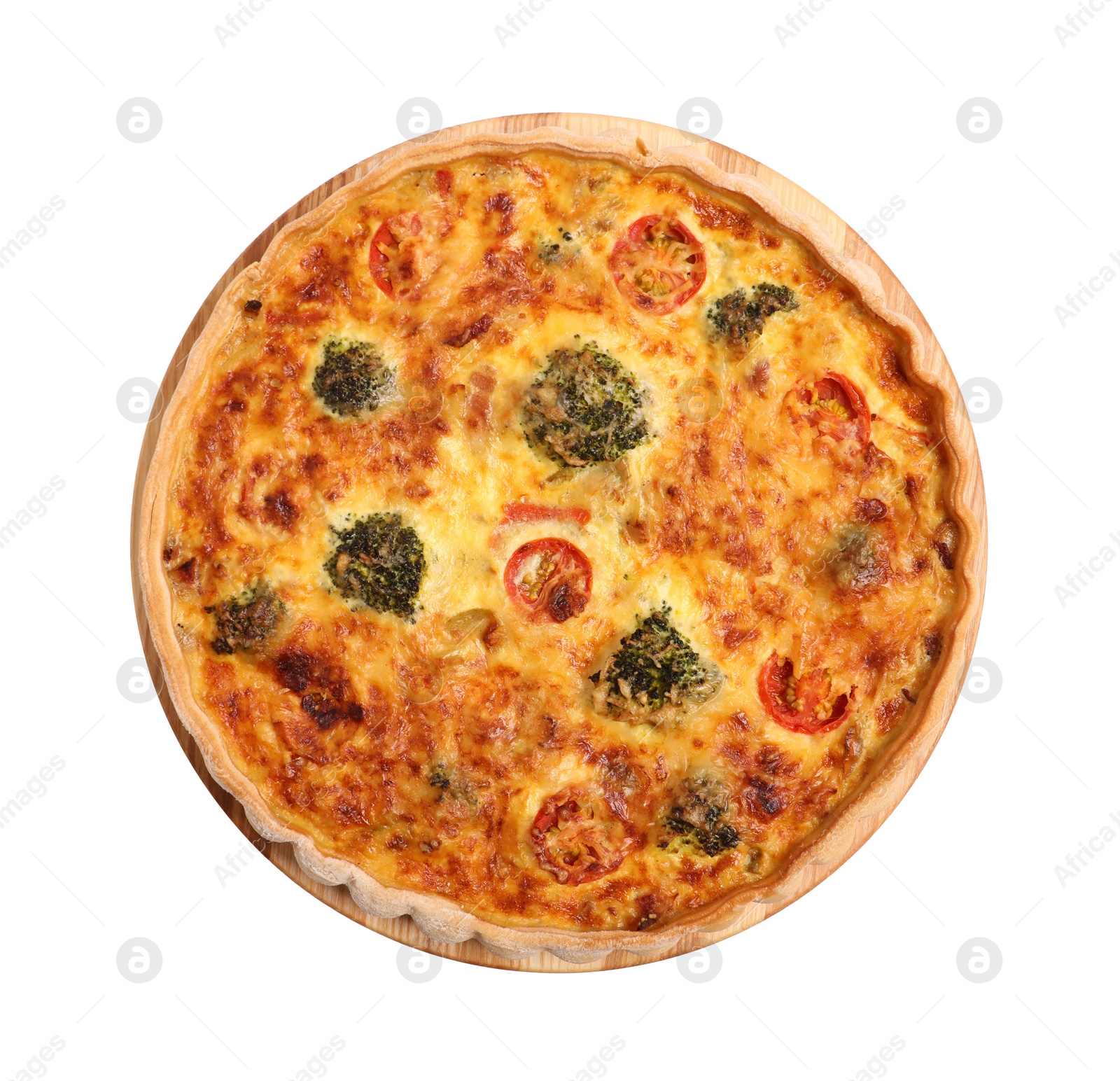 Photo of Delicious homemade vegetable quiche isolated on white, top view