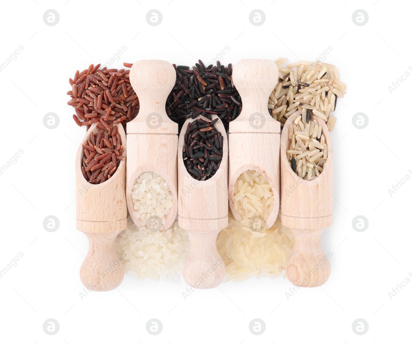 Photo of Scoops with different sorts of rice isolated on white, top view