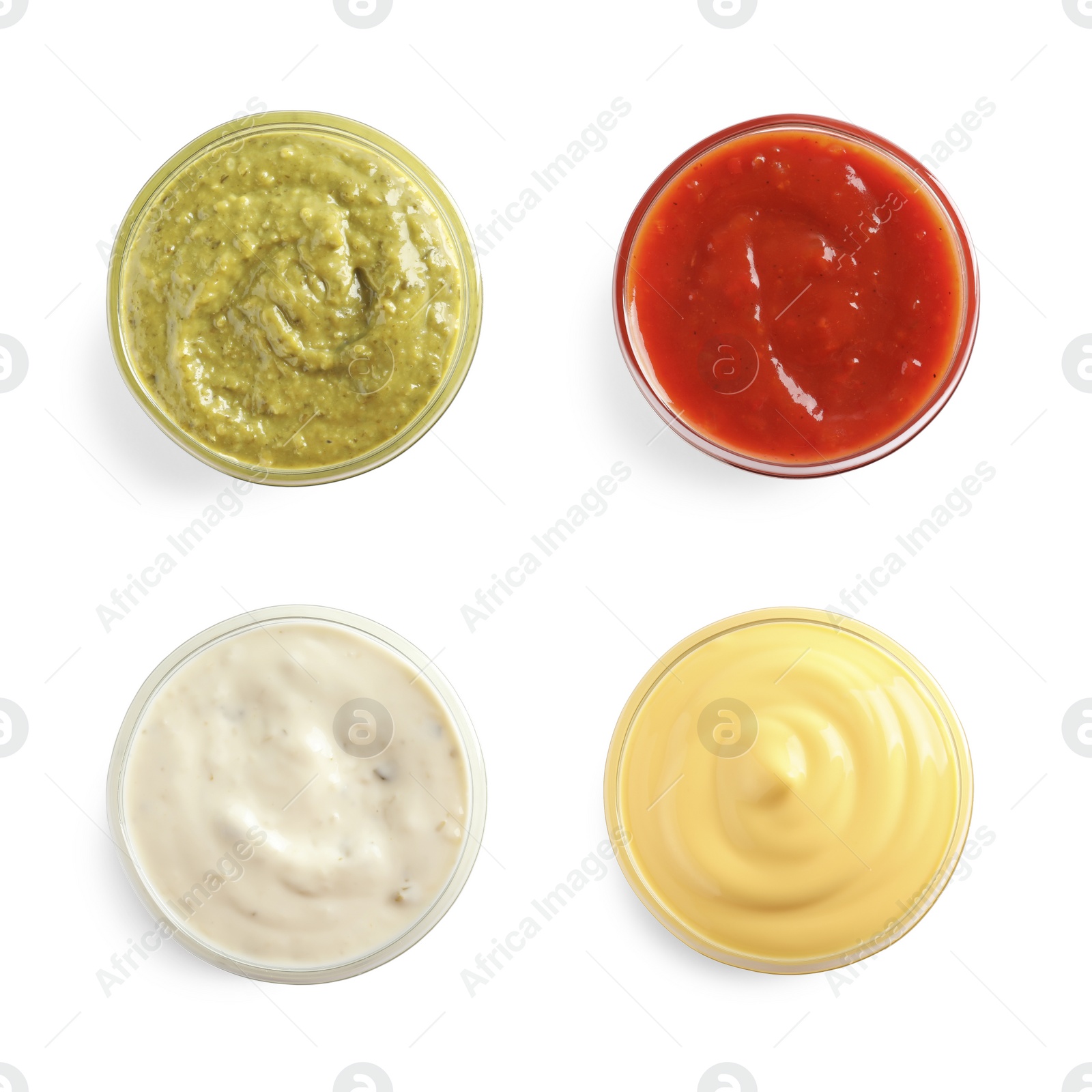 Image of Set of different delicious sauces on white background, top view