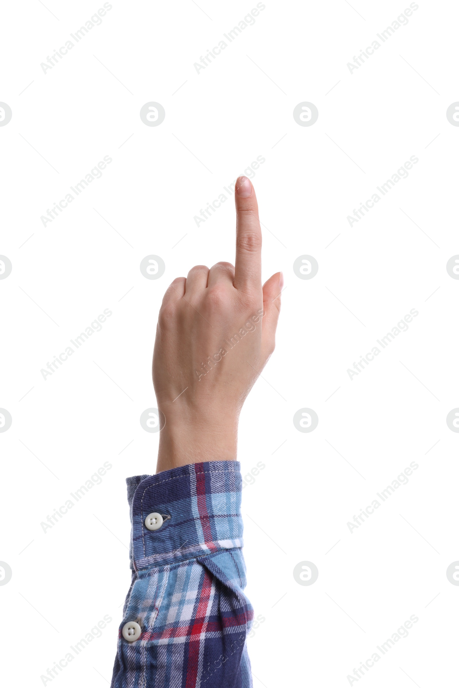 Photo of Woman pointing with index finger on white background, closeup. Responsibility concept