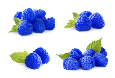 Image of Set of fresh blue raspberries on white background