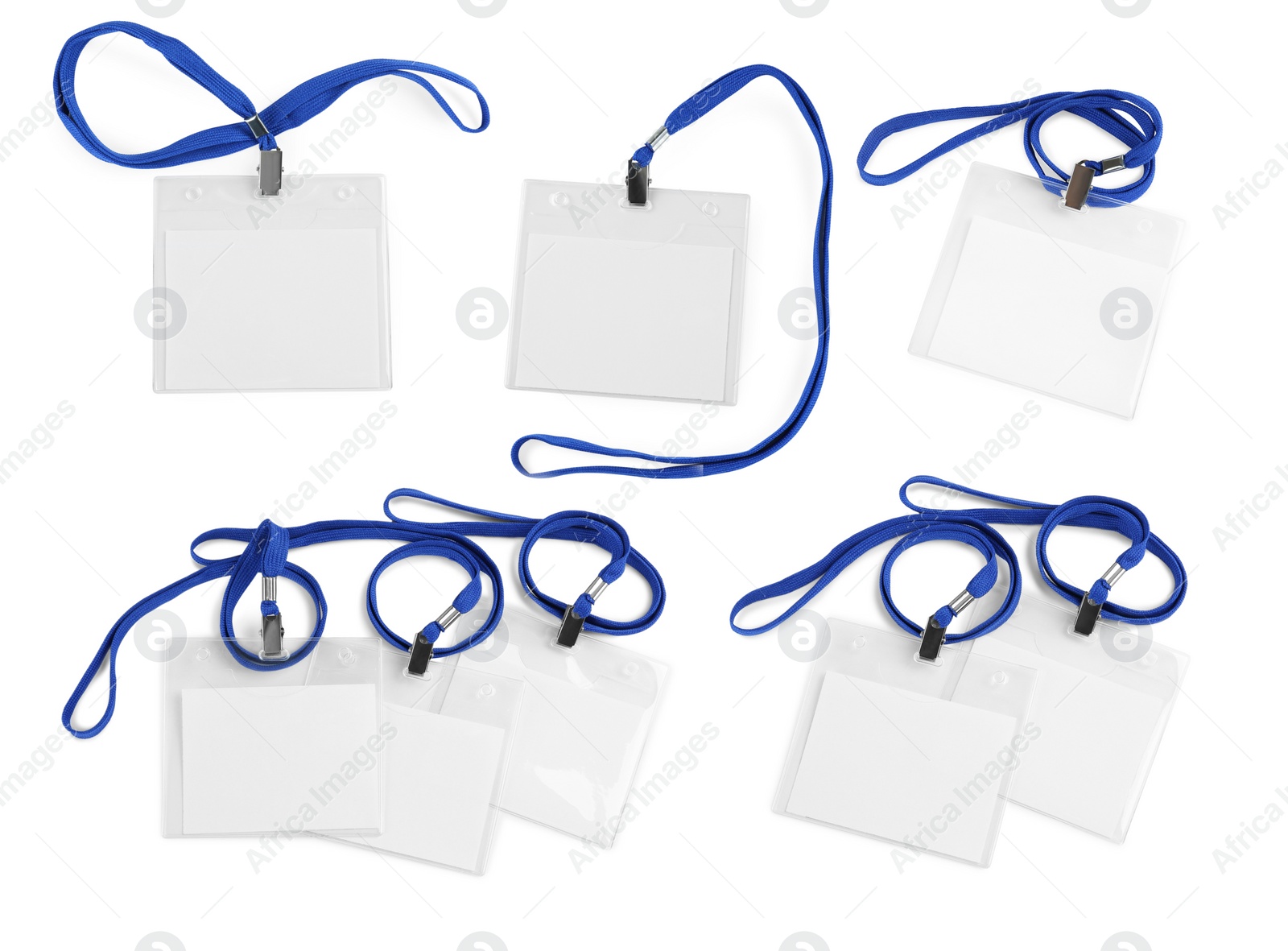 Image of Set with blank badges on white background. Mockup for design