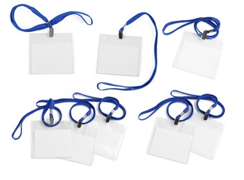 Image of Set with blank badges on white background. Mockup for design