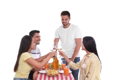 Photo of Group of friends at picnic table against white background