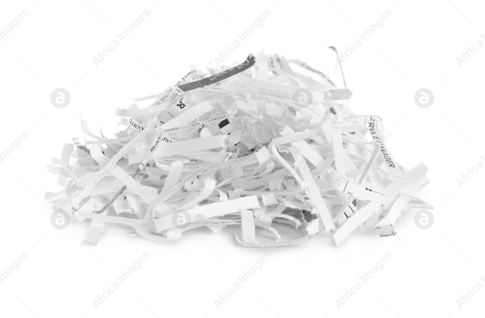 Photo of Many shredded paper strips on white background