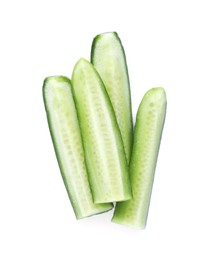 Photo of Pieces of fresh green cucumber isolated on white, top view
