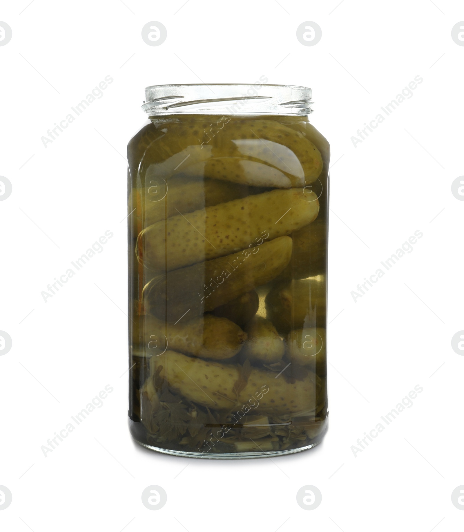 Photo of Glass jar with pickled cucumbers isolated on white