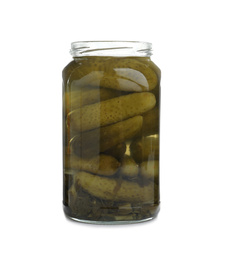 Photo of Glass jar with pickled cucumbers isolated on white