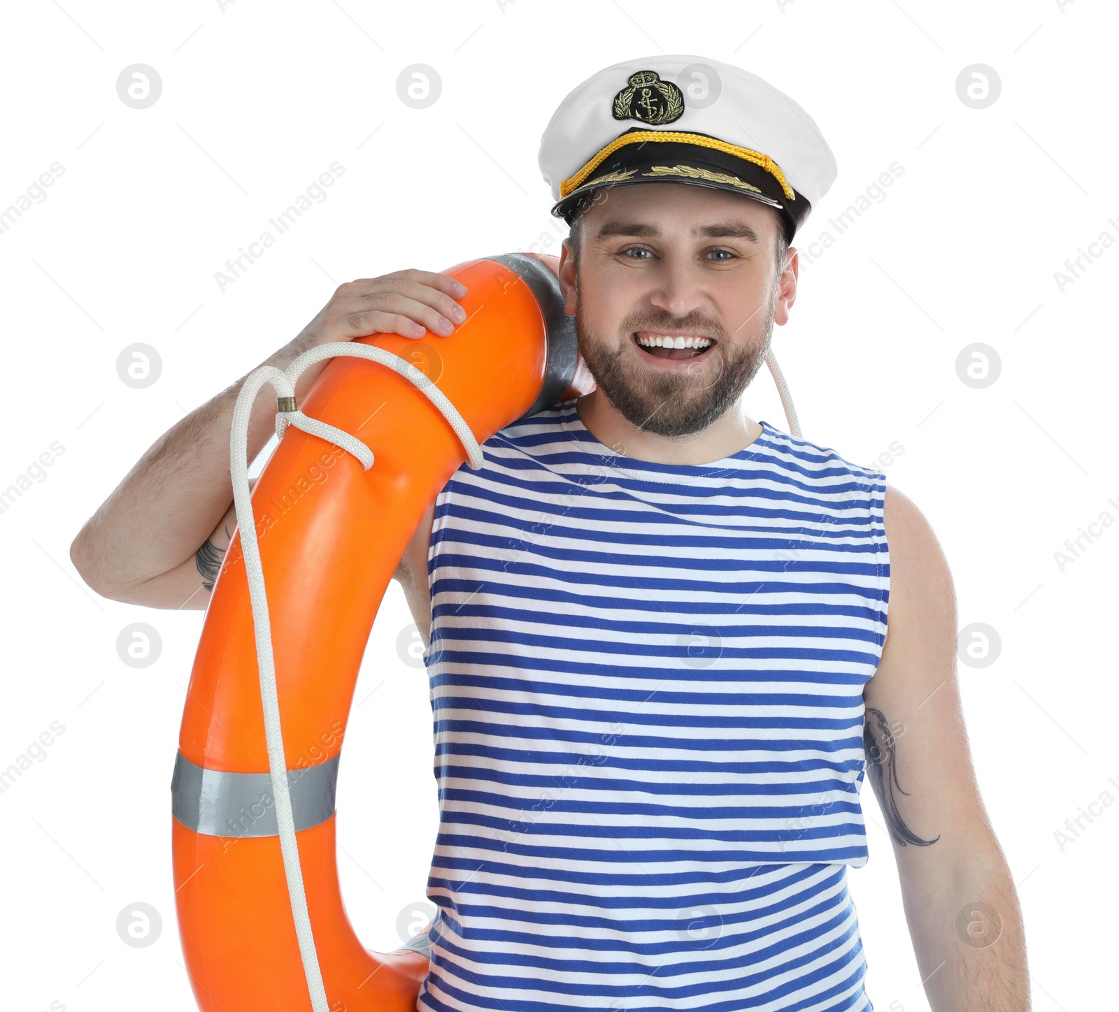 Photo of Happy sailor with ring buoy on white background