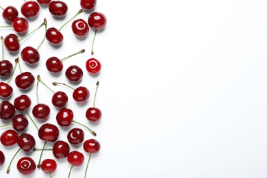 Photo of Sweet juicy cherries on white background, top view