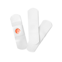 Photo of Medical sticking plasters isolated on white. First aid item