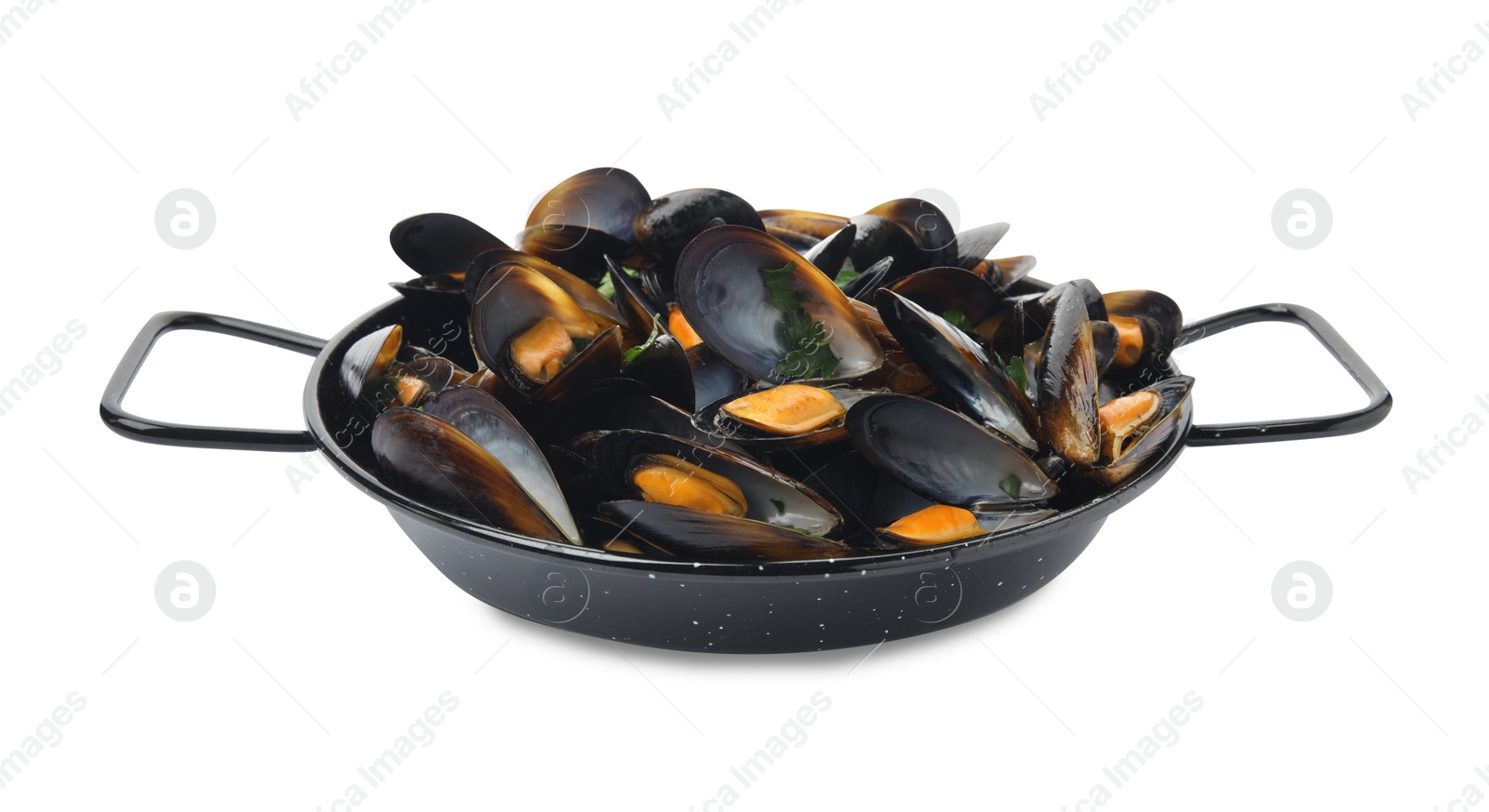 Photo of Pan of cooked mussels with parsley isolated on white