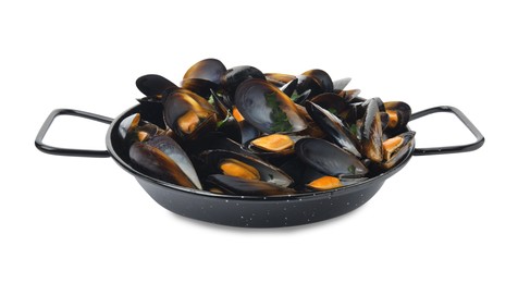 Photo of Pan of cooked mussels with parsley isolated on white