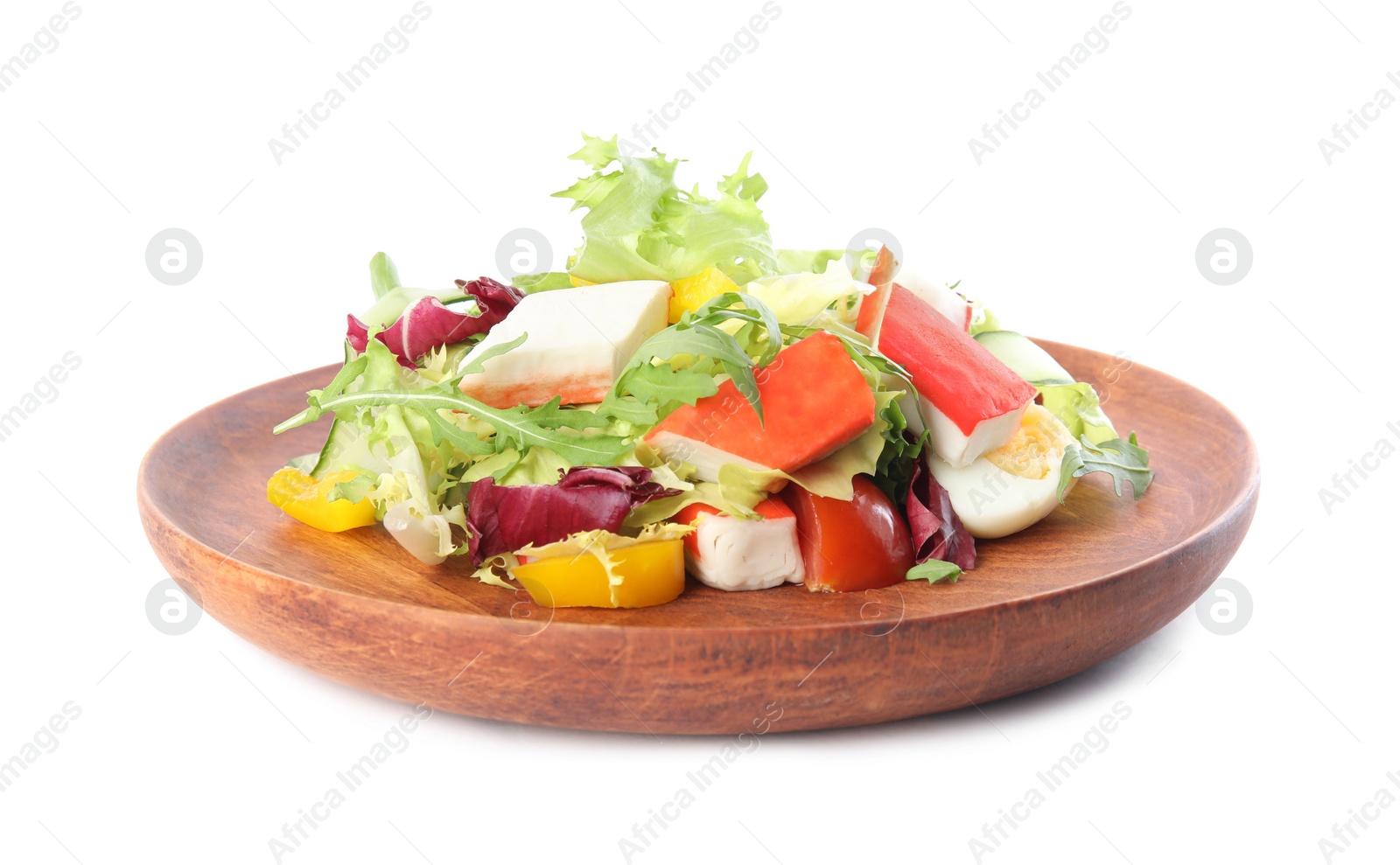 Photo of Delicious salad with crab sticks and lettuce on white background