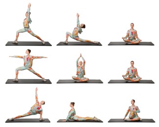 Young woman practicing yoga on white background. Collage with different asanas