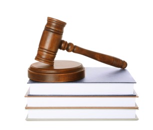 Photo of Wooden gavel and stack of books on white background