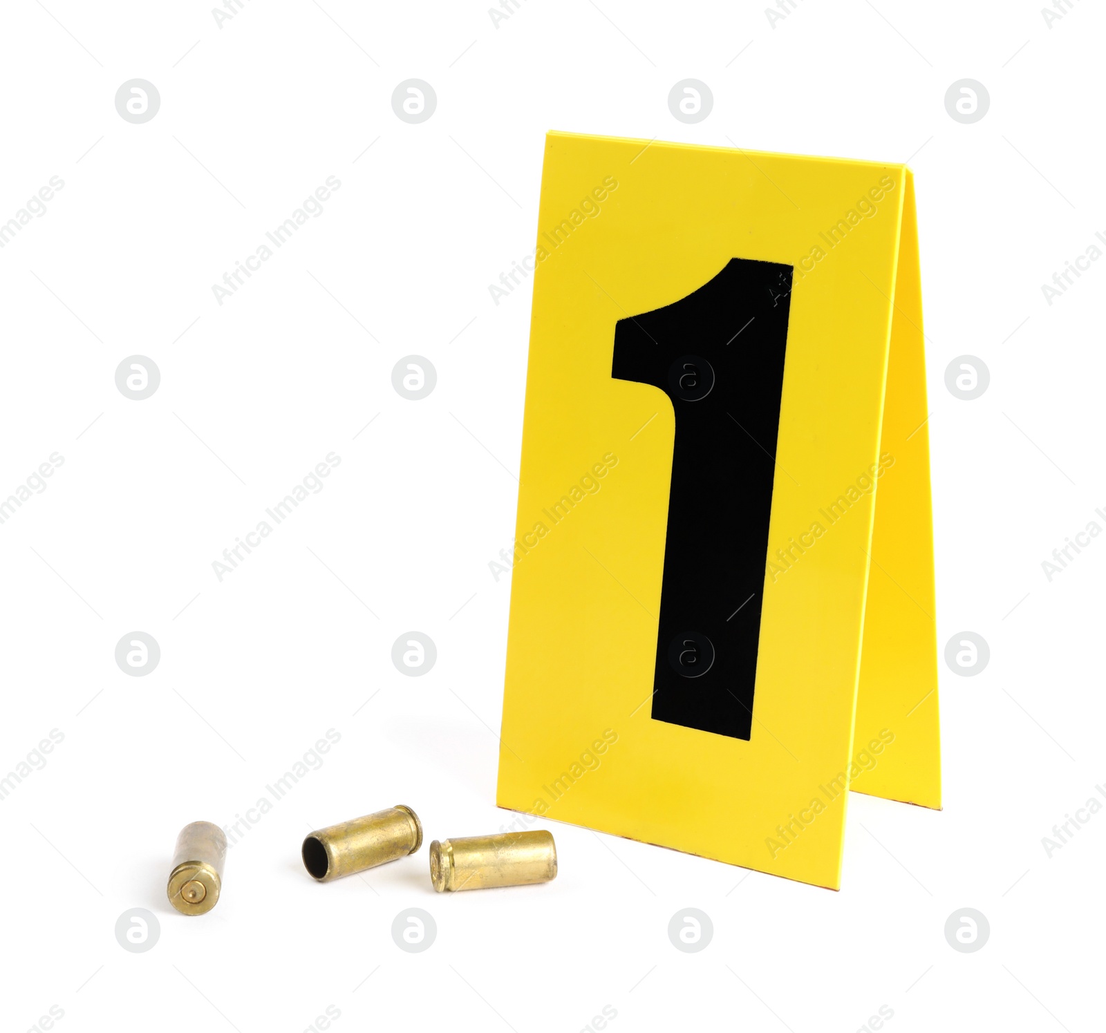 Photo of Shell casings and crime scene marker with number 
one isolated on white