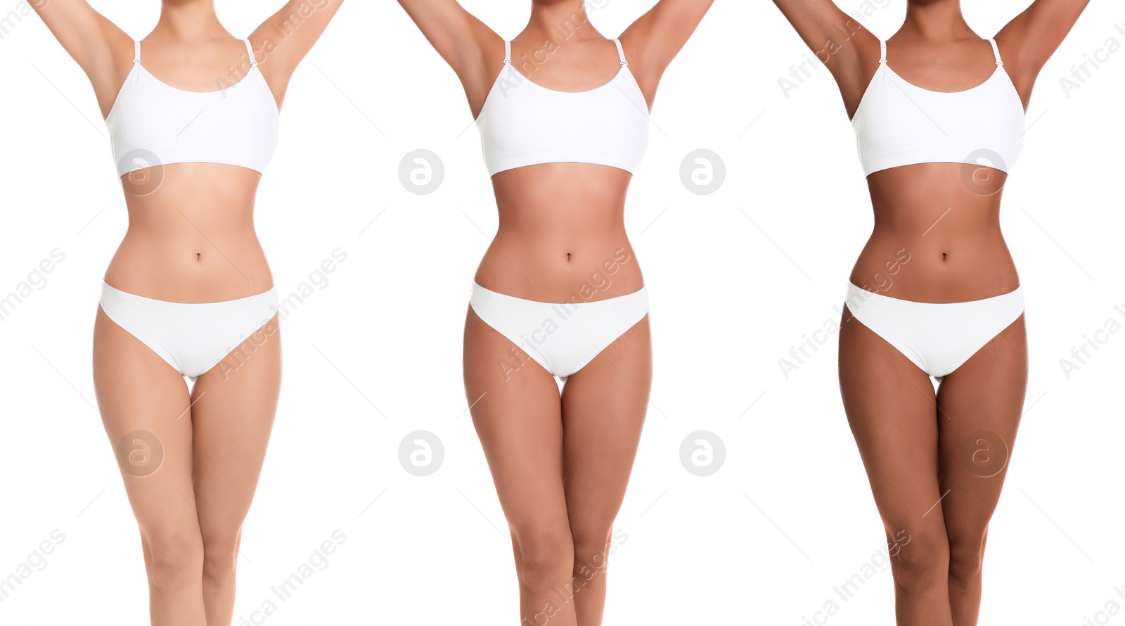 Image of Young woman with beautiful body on white background, closeup. Collage showing stages of suntanning