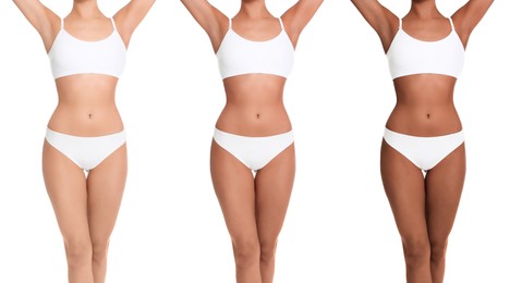 Image of Young woman with beautiful body on white background, closeup. Collage showing stages of suntanning