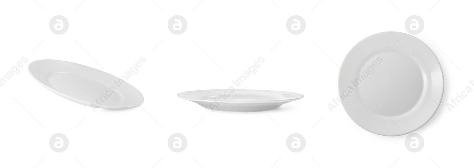 Image of Empty ceramic plate isolated on white, set with different views