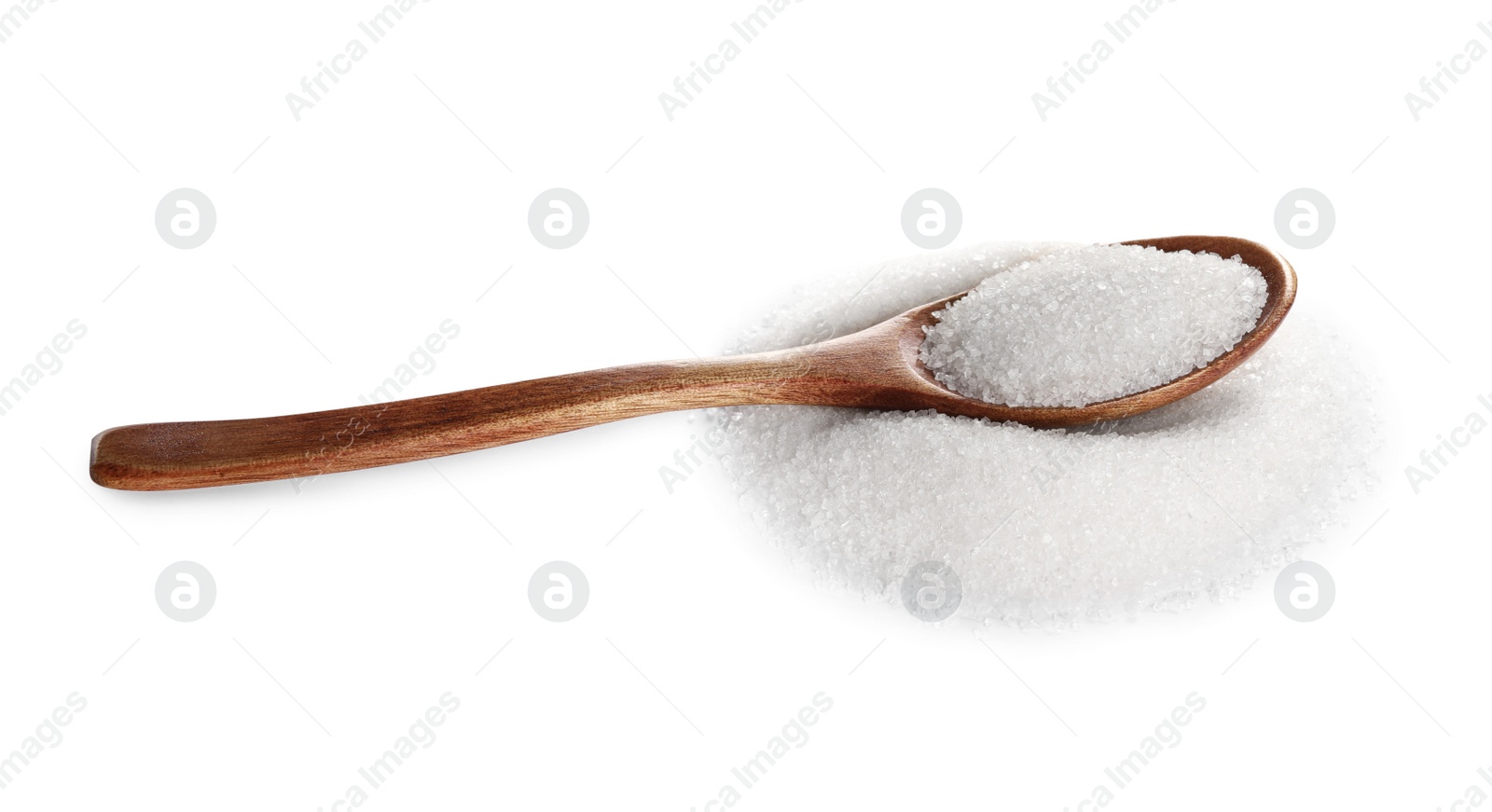 Photo of Wooden spoon and granulated sugar isolated on white