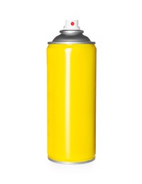 Photo of Yellow can of spray paint on white background