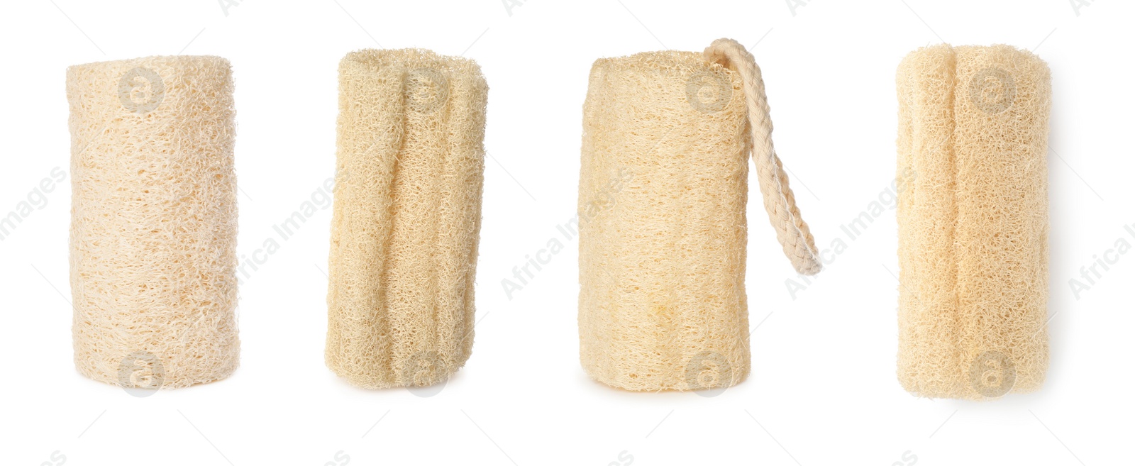 Image of Set with natural shower loofah sponges on white background. Banner design