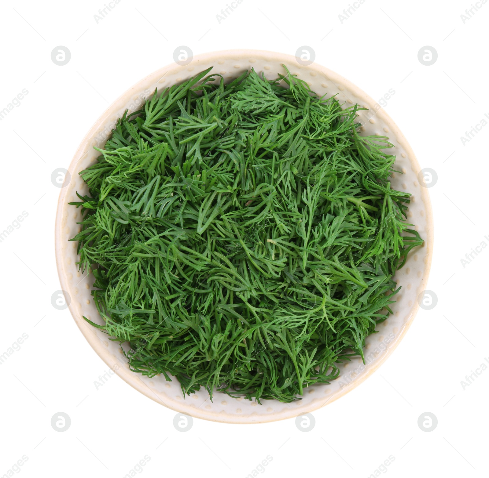 Photo of Fresh dill in bowl isolated on white, top view