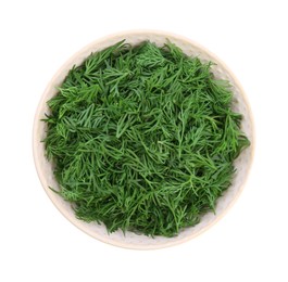 Photo of Fresh dill in bowl isolated on white, top view