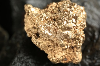 Photo of Shiny gold nugget on grey stone, closeup