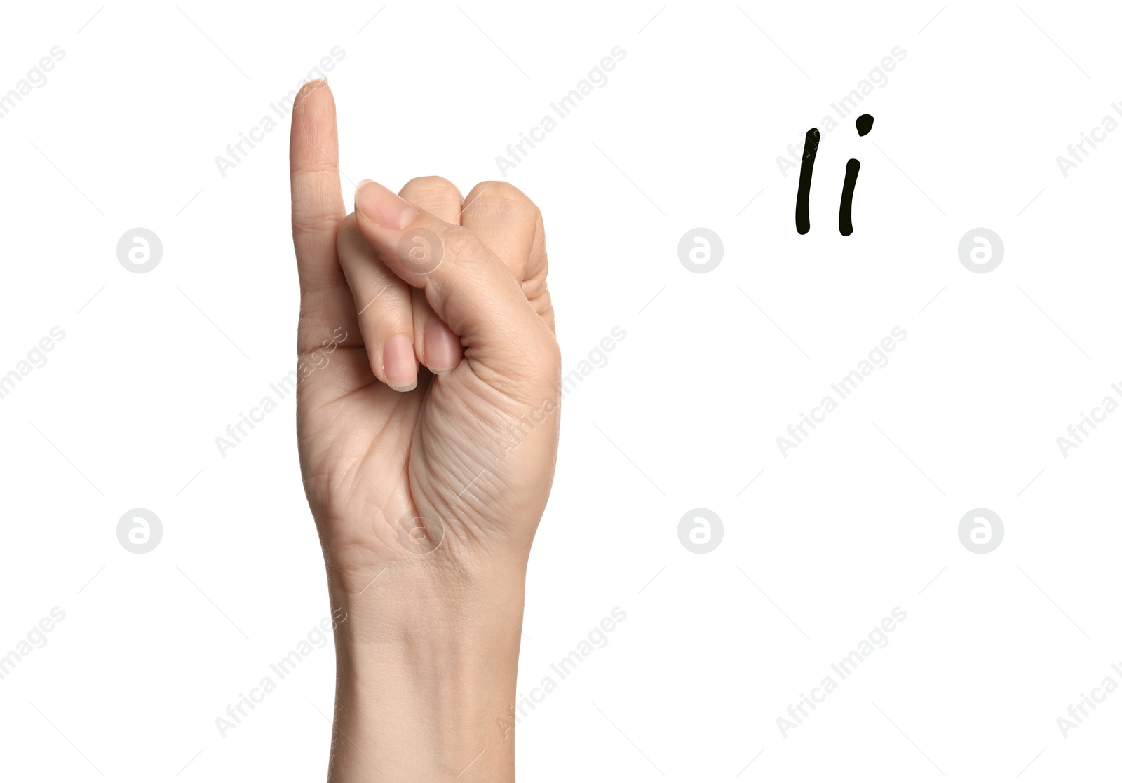 Image of Woman showing letter I on white background, closeup. Sign language