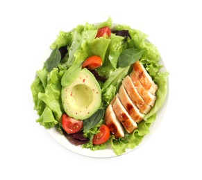 Photo of Delicious salad with chicken, cherry tomato and avocado in bowl isolated on white, top view