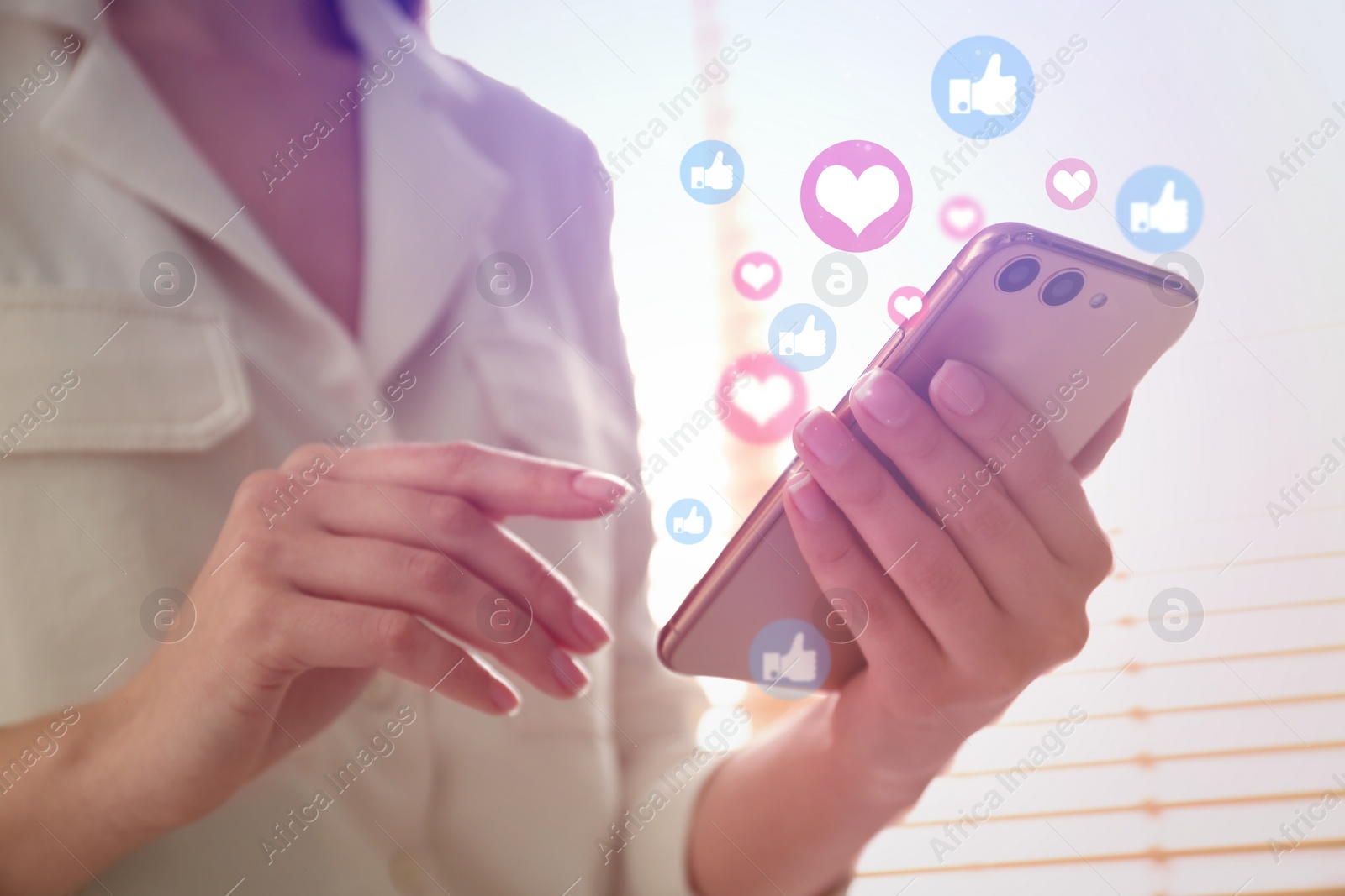 Image of Young woman using modern smartphone indoors, closeup