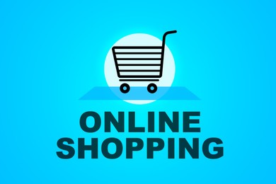Illustration of  cart and words Online Shopping on light blue background