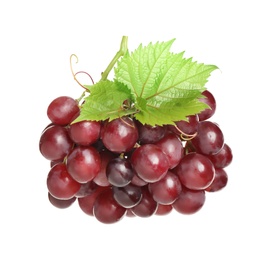 Photo of Bunch of fresh ripe juicy red grapes with leaves isolated on white