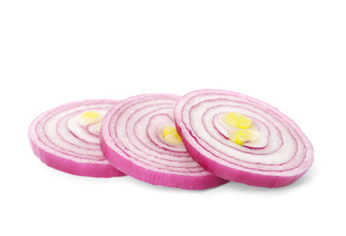 Photo of Slices of red onion isolated on white