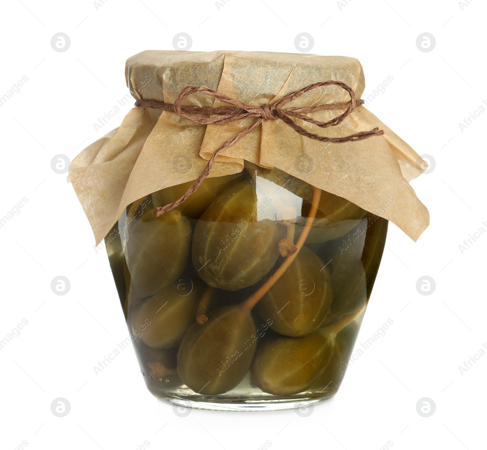 Photo of Capers in glass jar isolated on white