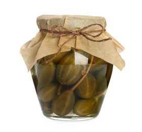 Photo of Capers in glass jar isolated on white