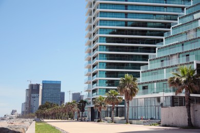 Cityscape with modern buildings and palm trees