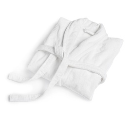 Photo of Clean folded cotton bathrobe on white background