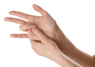 Photo of Woman with trigger finger condition on white background, closeup