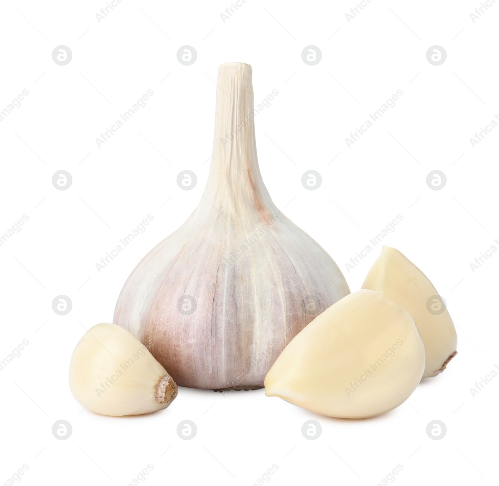 Photo of Fresh organic garlic bulb and cloves on white background