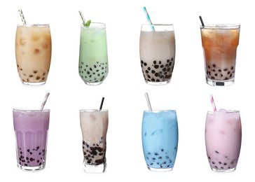 Image of Set with different flavors of bubble tea on white background