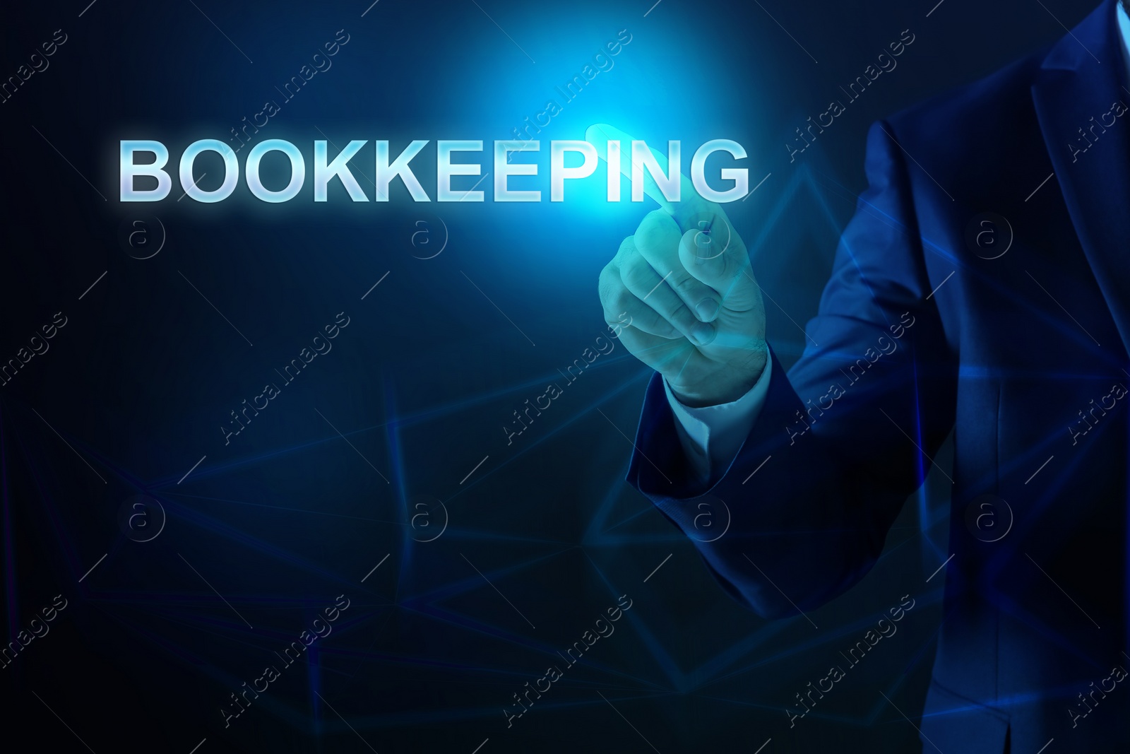 Image of Bookkeeping concept. Businessman pointing at word on dark blue background, closeup