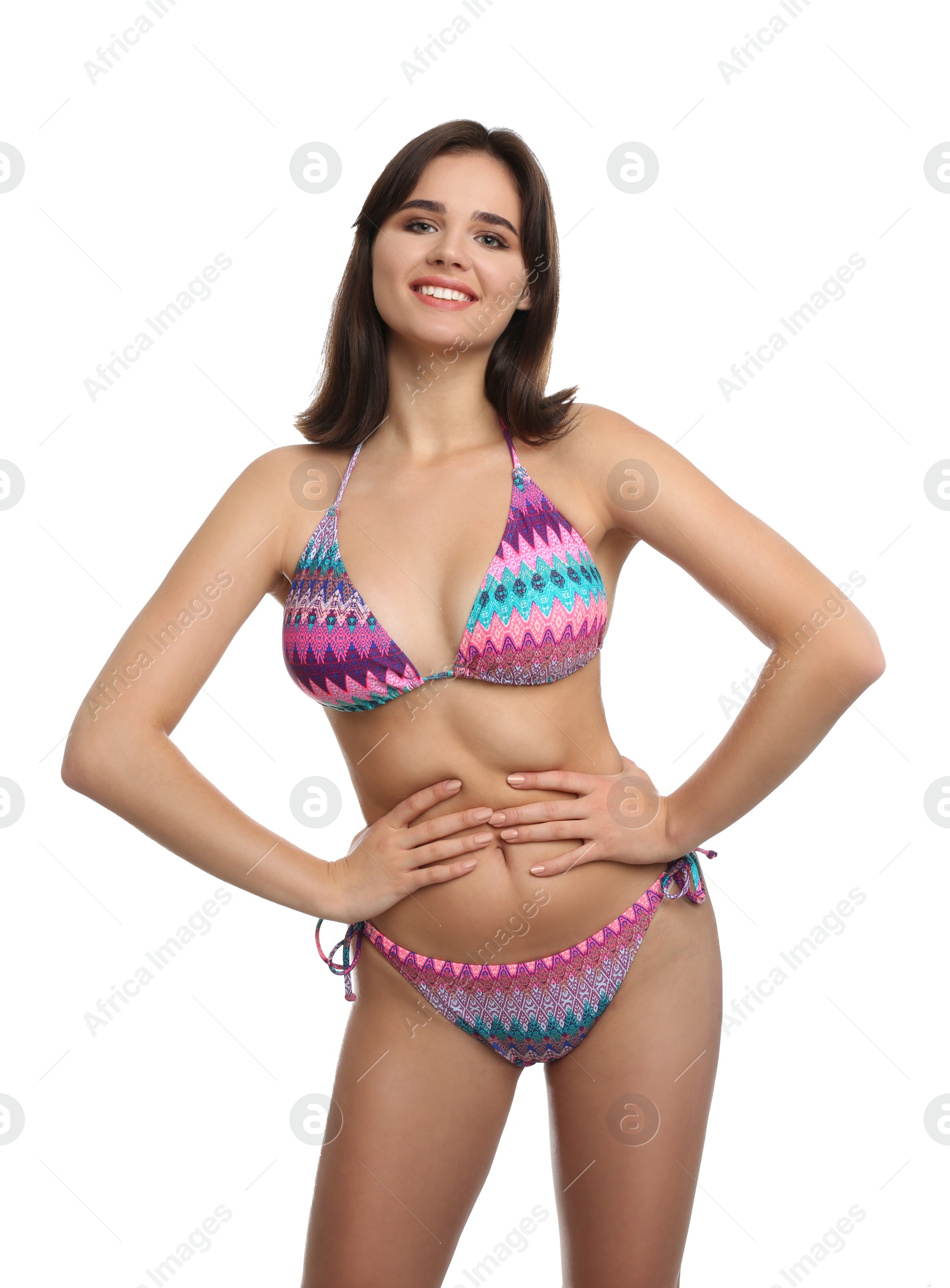 Photo of Beautiful woman in stylish bikini on white background