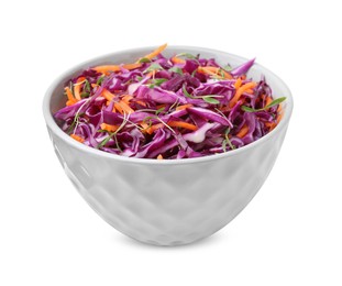 Tasty salad with red cabbage in bowl isolated on white