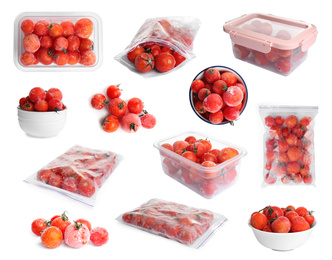 Image of Set of frozen tomatoes on white background. Vegetable preservation