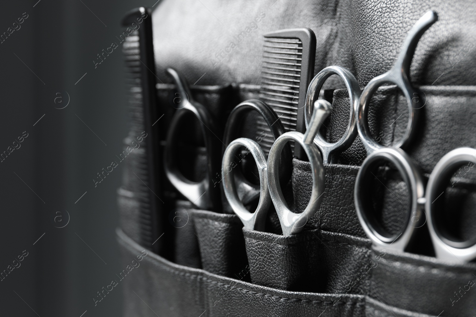 Photo of Hairdresser tools. Professional scissors and combs in leather organizer on blurred background, closeup. Space for text