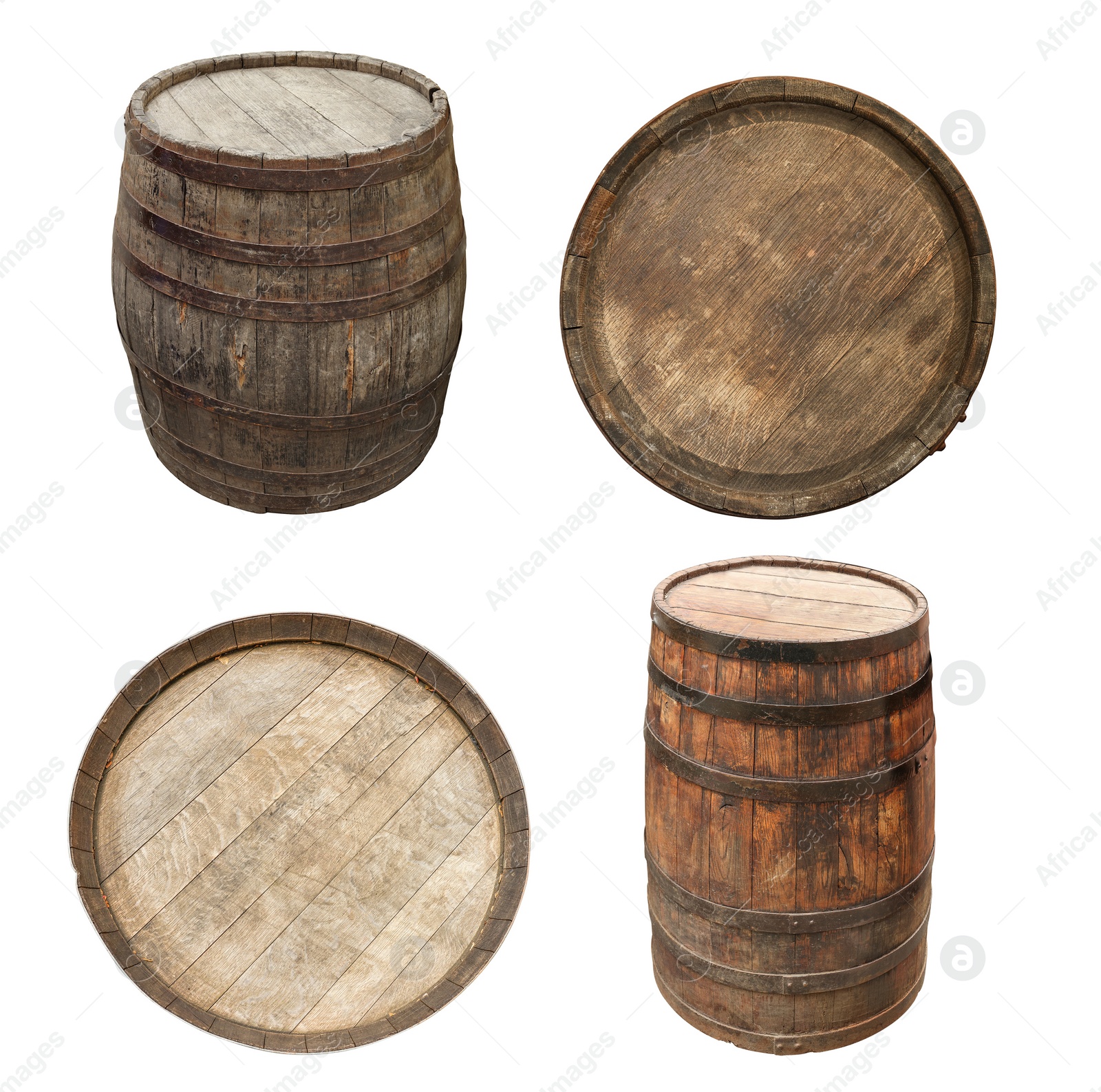 Image of Different wooden barrels isolated on white, top and side views. Collage design